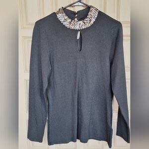 Venus Blue/Gold Sequin Collar Sweater SzL Long Sleeve Smooth Knit Classic